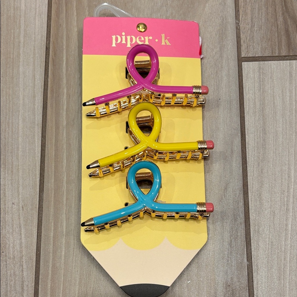NWT Piper K Vibrant Pink, Yellow, and Blue Pencil Loop Hair Claw Clips